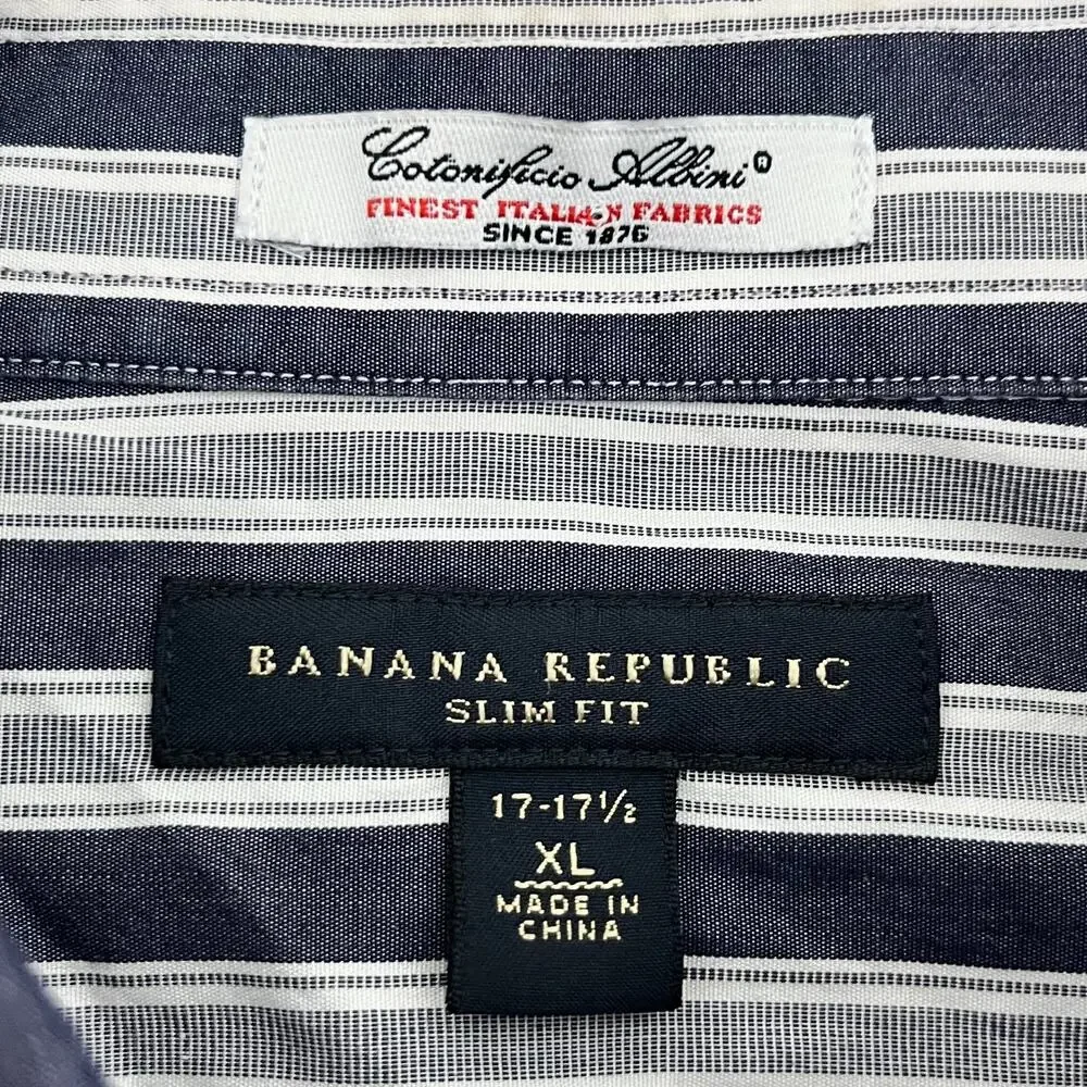 Banana Republic Mens XL(17-17.5) Slim Fit‎ Dress Shirt Navy Gray Striped Cotton